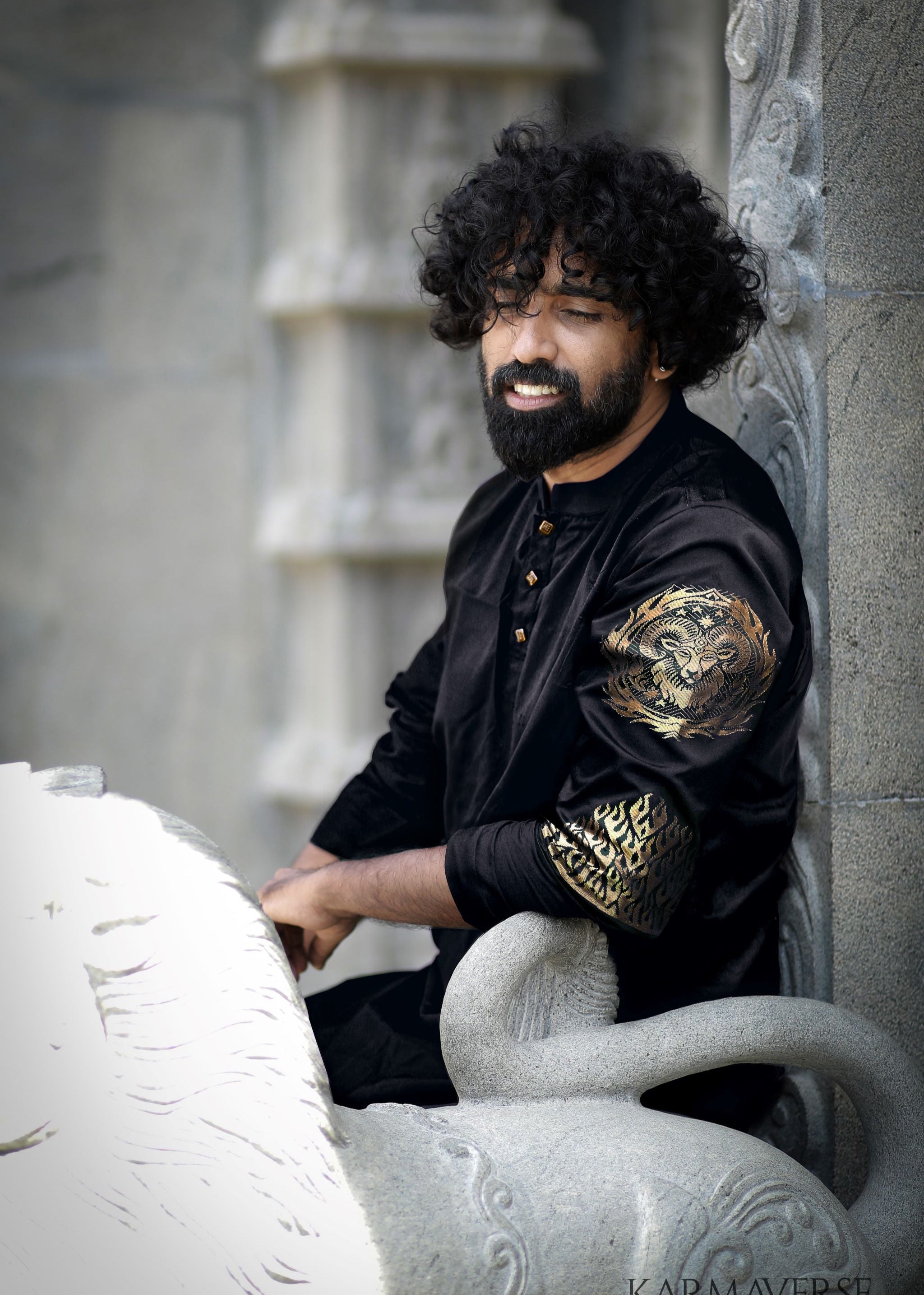 Aries zodiac embroidered silk kurta handloom black Mulberry silk kurta with golden zari Roman style handloom silk kurta with German golden zari