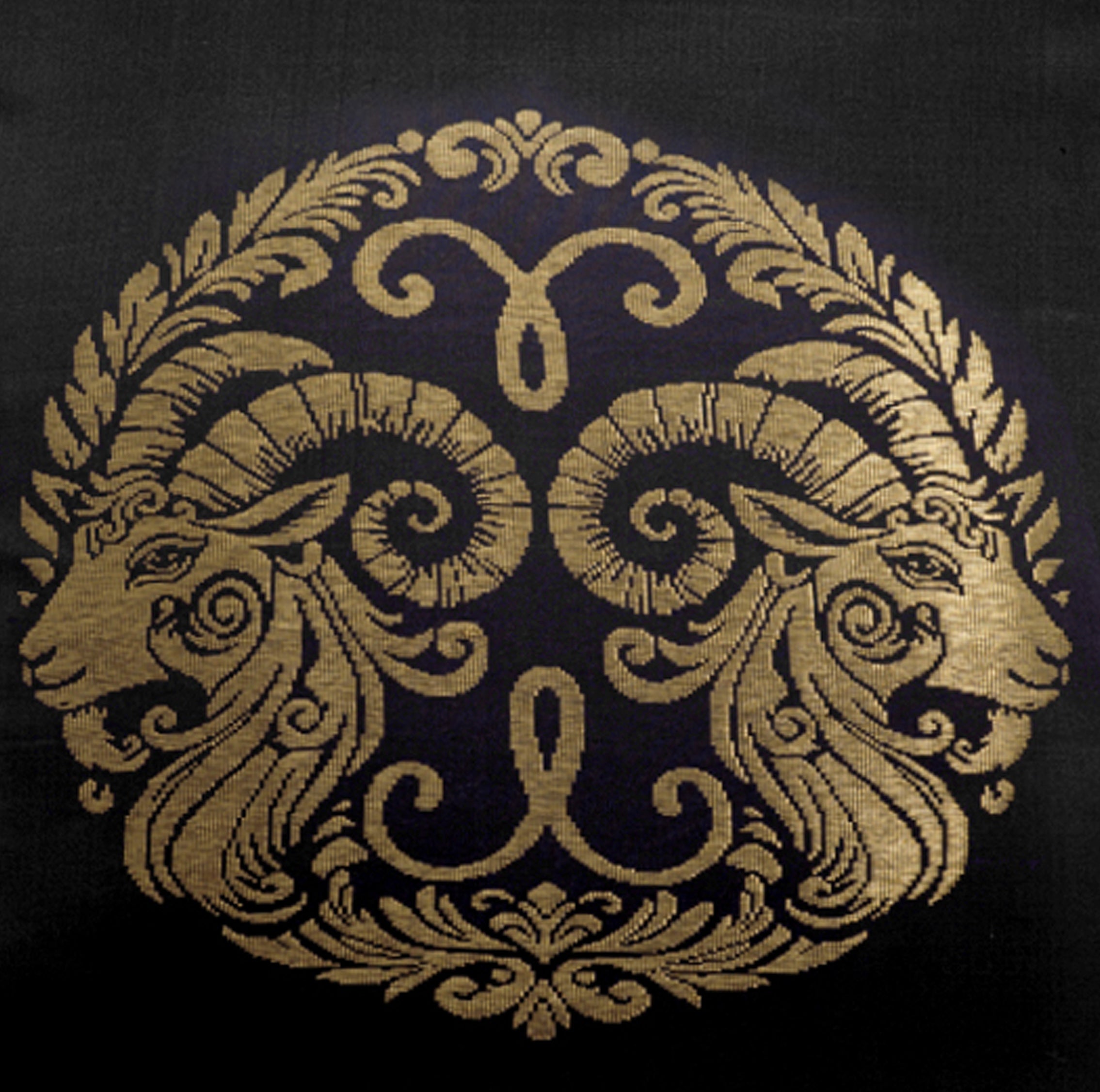 Black Pure Mulberry Silk Golden Zari Aries Zodiac Cushion Cover Golden Pillow cover closeup view