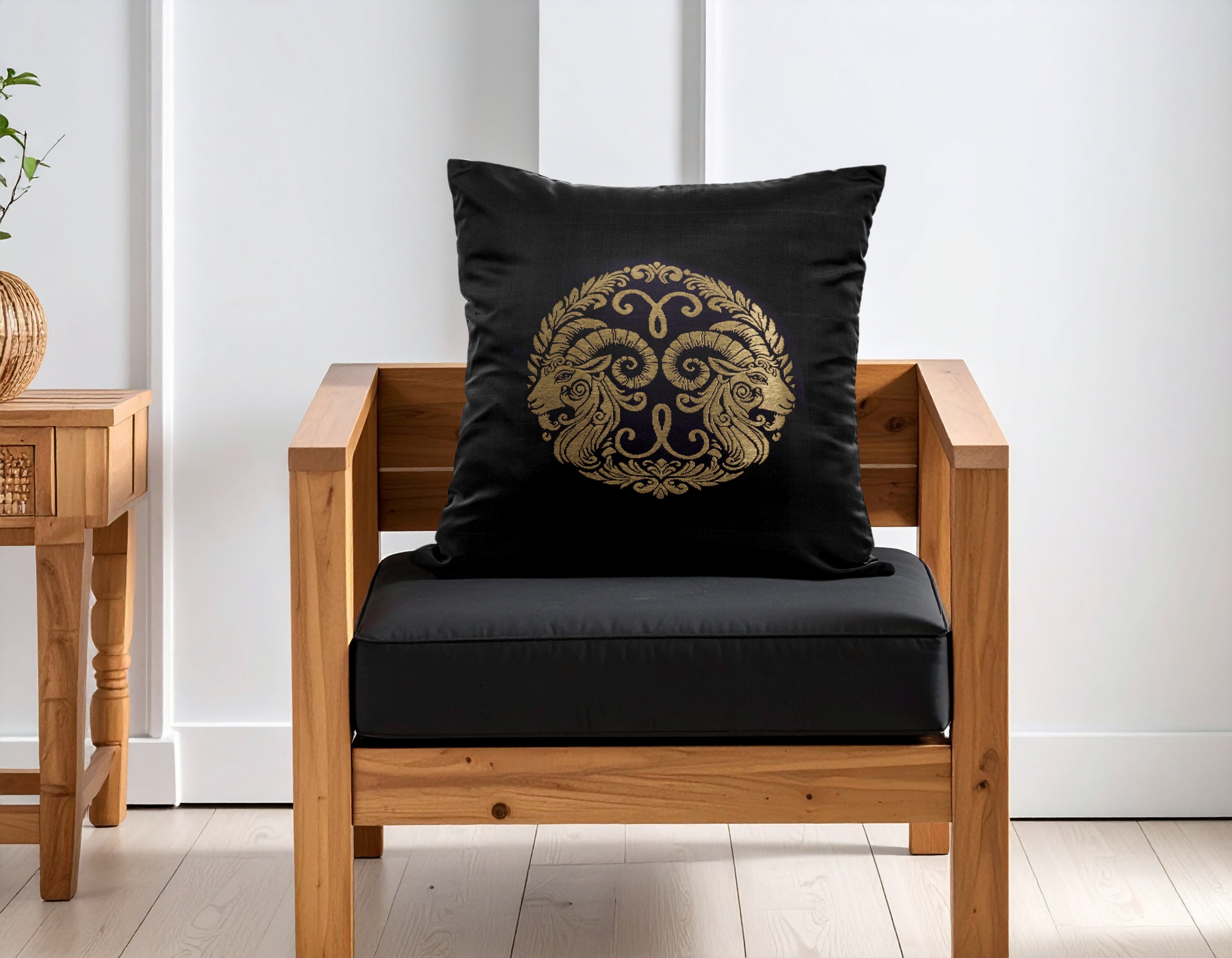 Black Pure Mulberry Silk Golden Zari Aries Zodiac Cushion Cover Golden Pillow cover