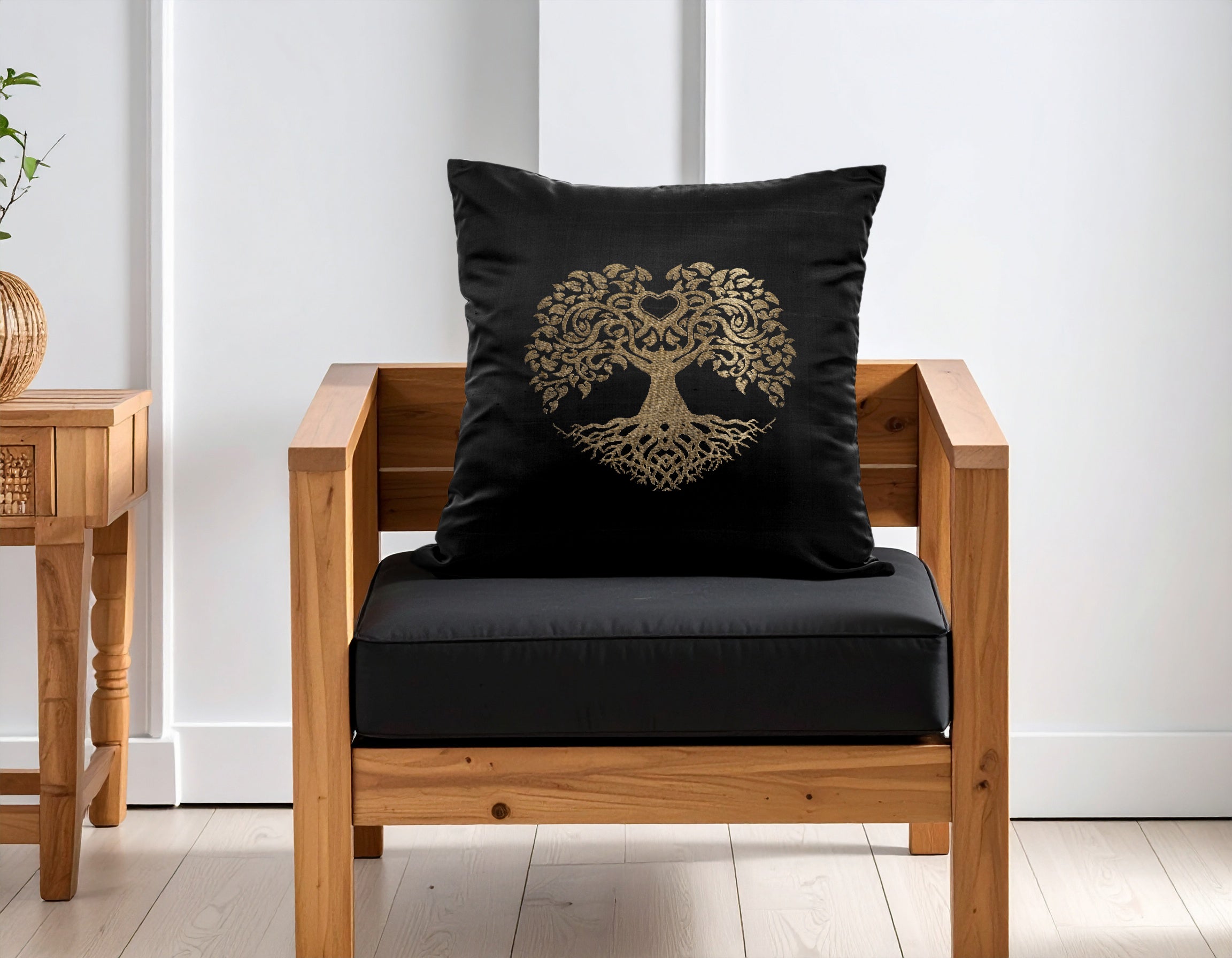 Black Pure Mulberry Silk Golden Zari Tree of life Cushion Cover Golden