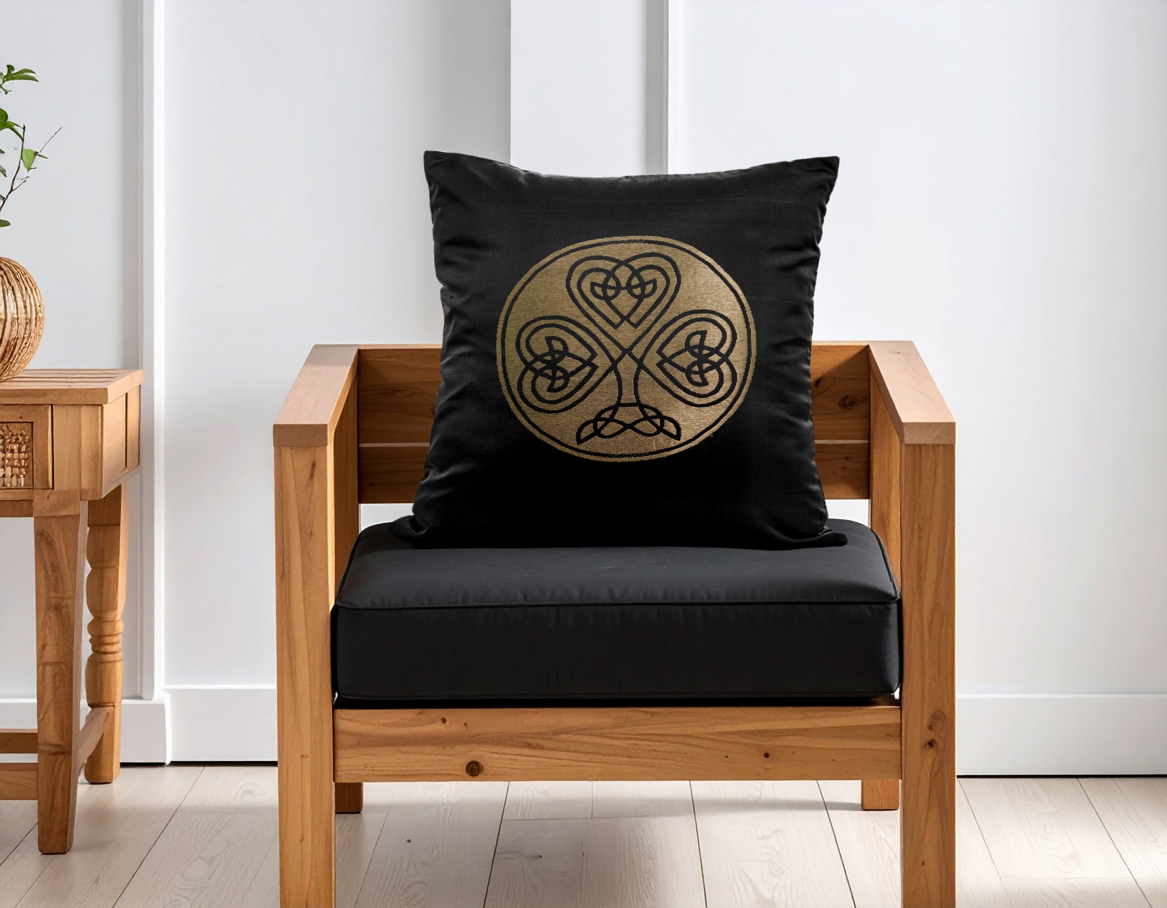 Black Pure Mulberry Silk Golden Zari Celtic Cushion Cover Golden