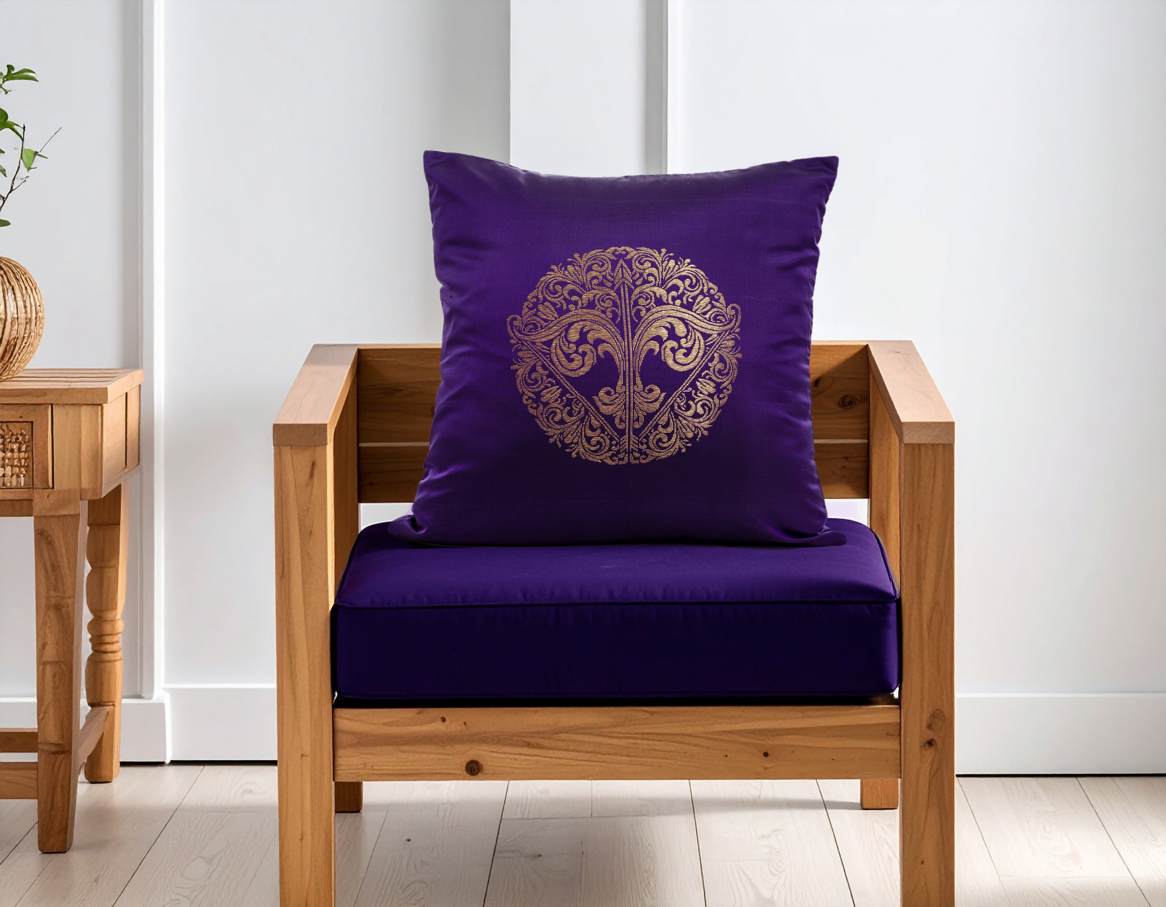 Purple Pure Mulberry Silk Golden Zari Sagittarius Zodiac Cushion Cover Golden Pillow cover