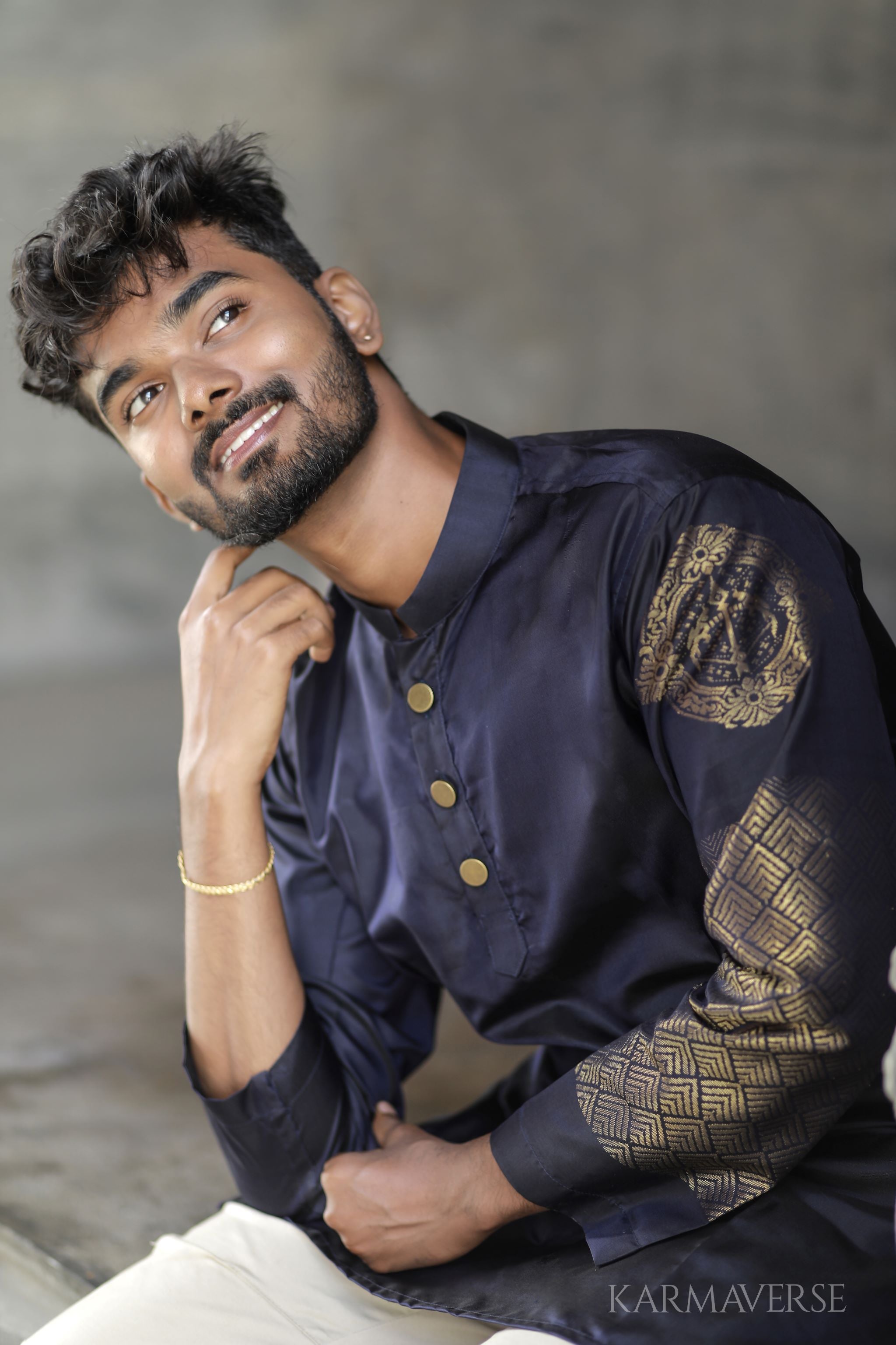Sagittarius zodiac embroidered silk kurta handloom blue Mulberry silk kurta with golden zari Roman style handloom silk kurta with German golden zari