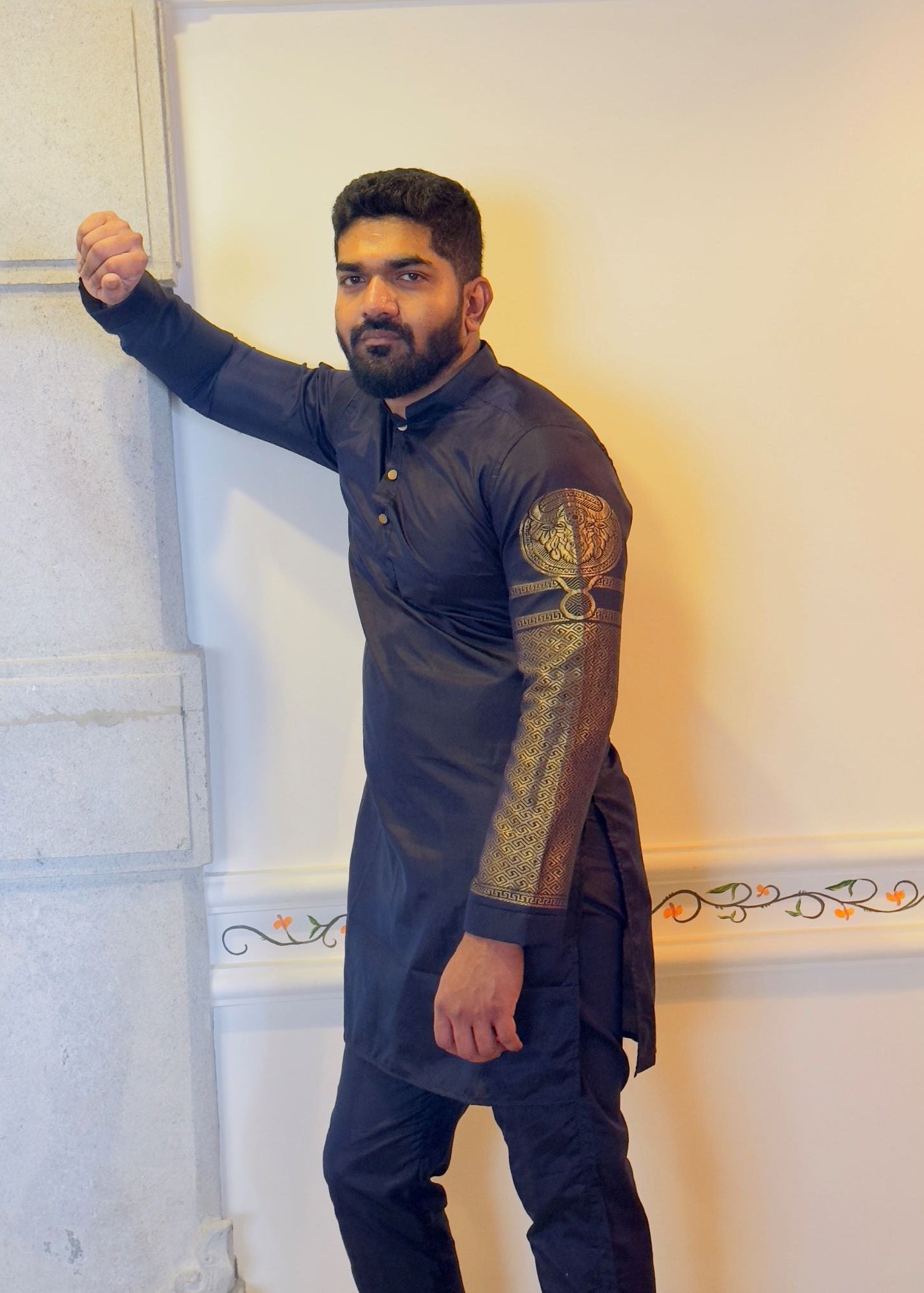 Taurus zodiac embroidered silk kurta handloom blue Mulberry silk kurta with golden zari Roman style handloom silk kurta with German golden zari