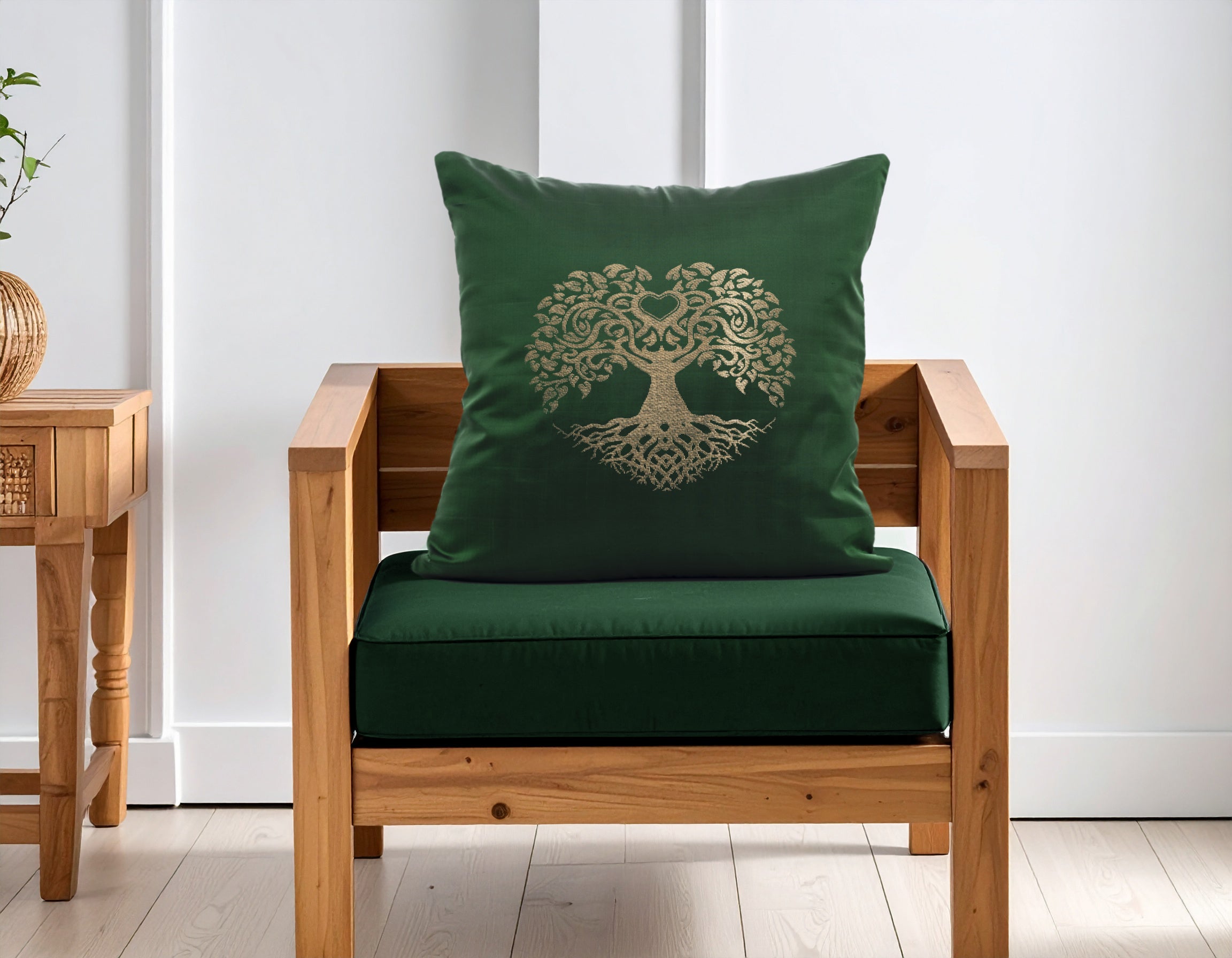 Green Pure Mulberry Silk Golden Zari Tree of life Cushion Cover Golden