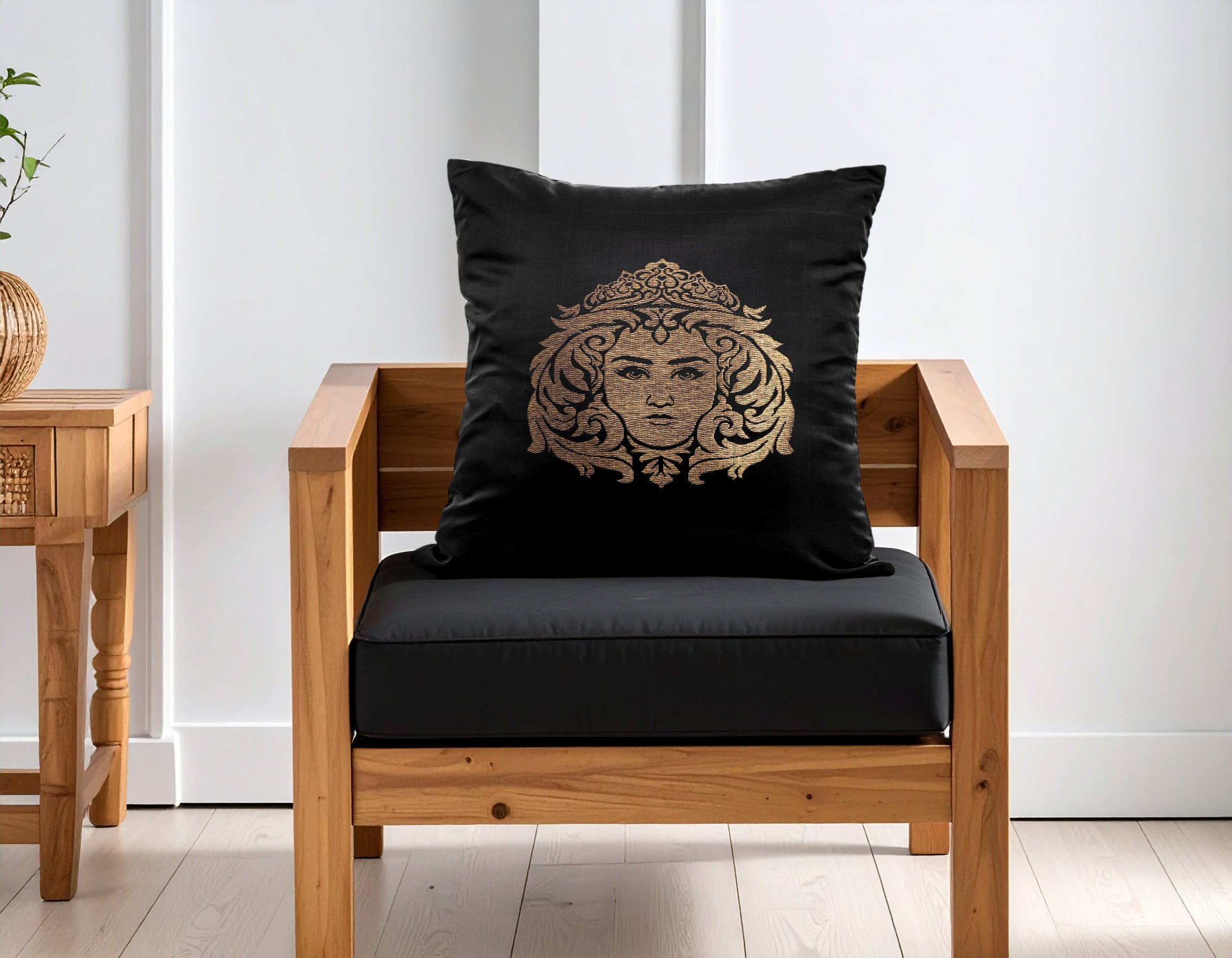 Black Pure Mulberry Silk Golden Zari Virgo Zodiac Cushion Cover Golden Pillow cover