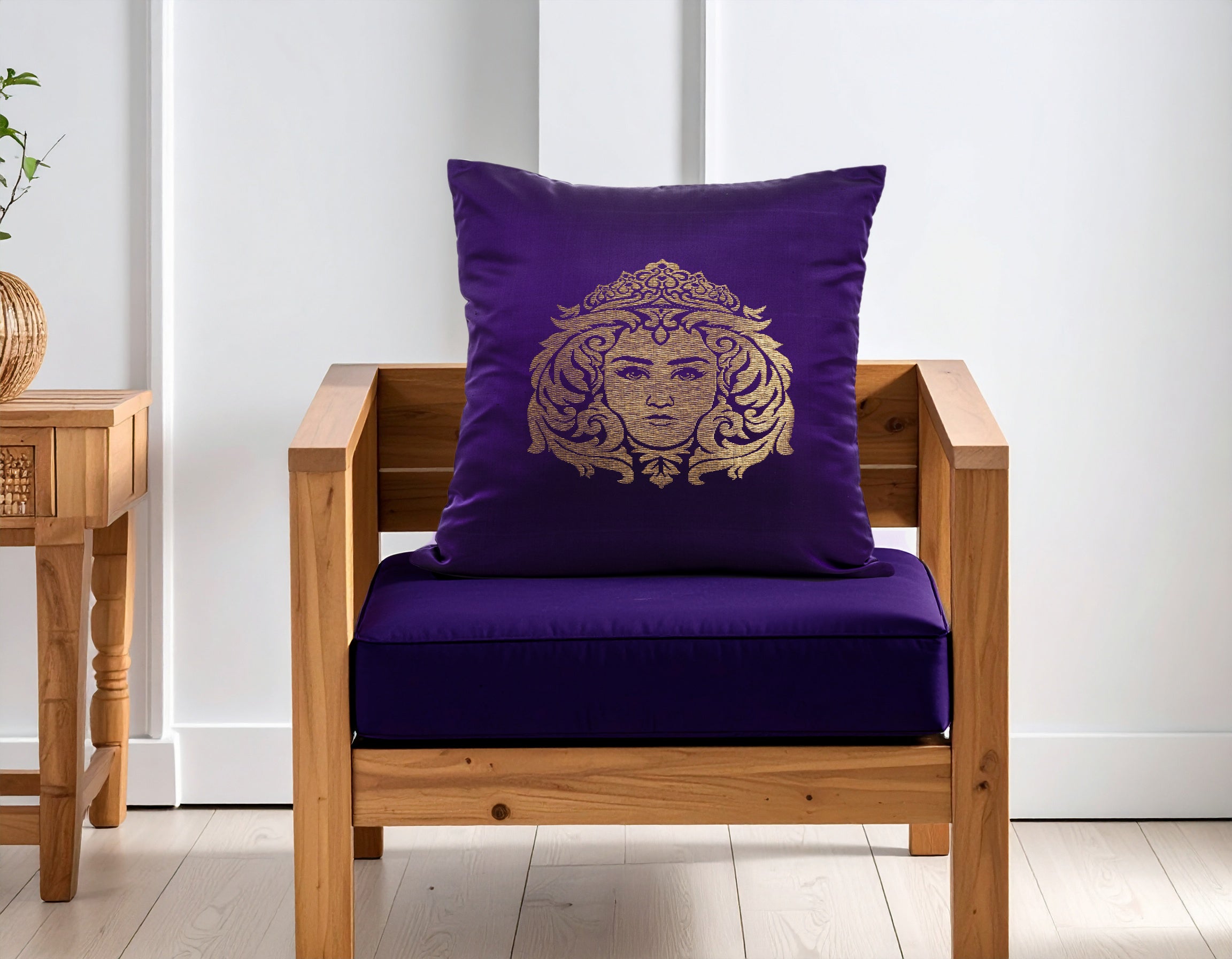 Purple Pure Mulberry Silk Golden Zari Virgo Zodiac Cushion Cover Golden Pillow cover