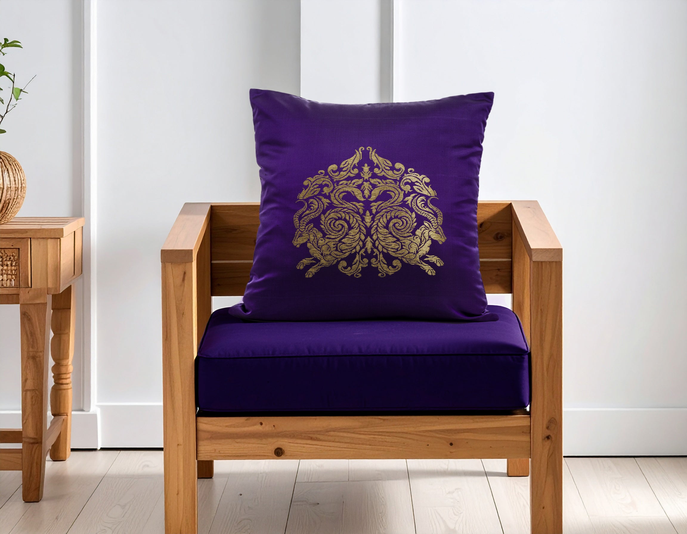 Purple Pure Mulberry Silk Golden Zari Capricorn Zodiac Cushion Cover Golden Pillow cover
