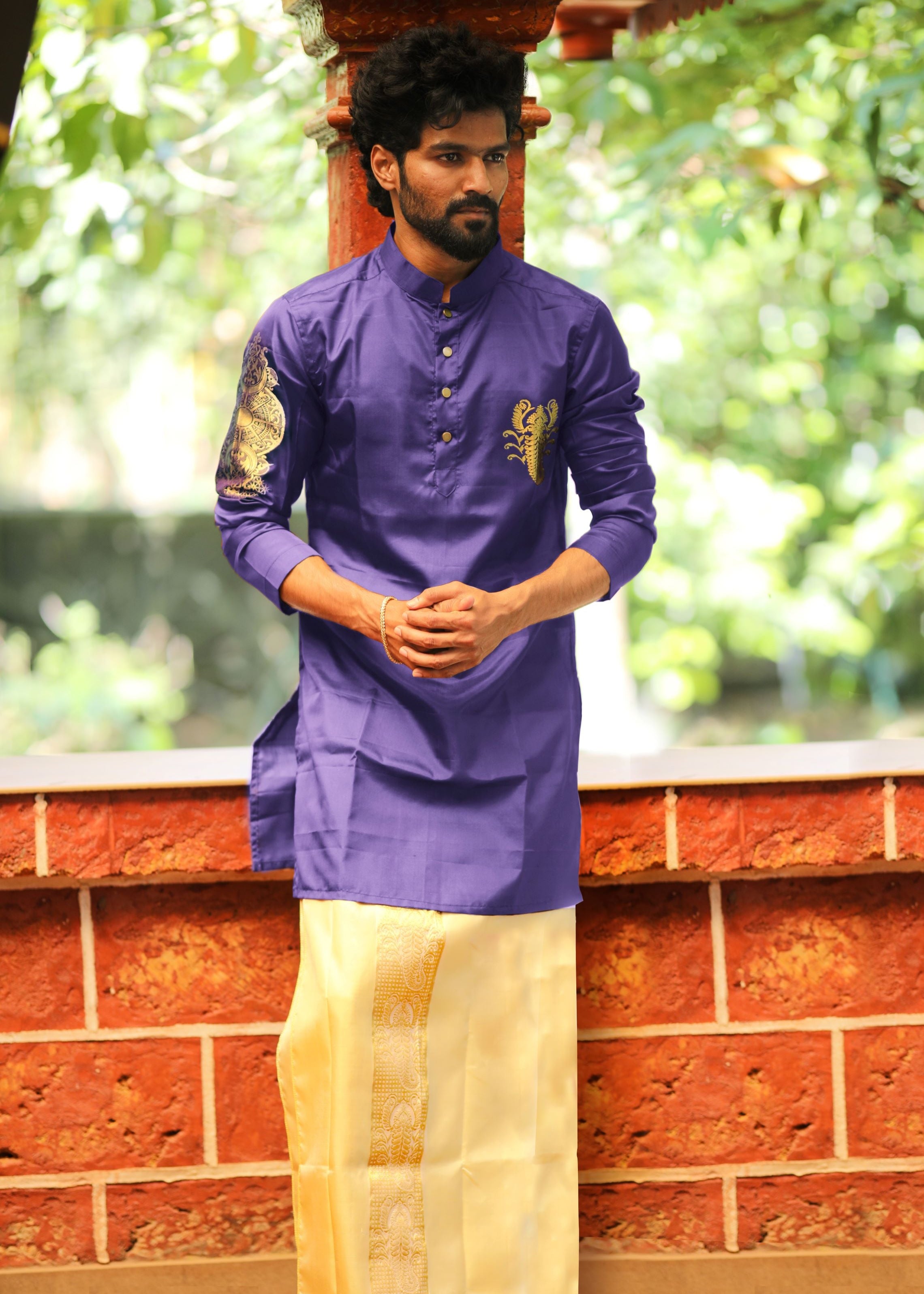 Scorpio zodiac embroidered silk kurta handloom purple Mulberry silk kurta with golden zari Mughal style handloom silk kurta with German golden zari 
